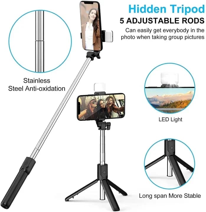 Bluetooth Selfie Stick with LED Light 3-in-1 Multi-Functional Extendable Bluetooth Selfie Stick Tripod (Bluetooth Remote Included)